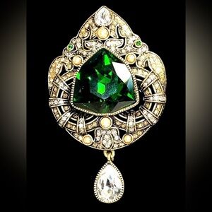 Heidi Daus Emerald Green Crystal Brooch, Faux Pearl Teardrop Dangle